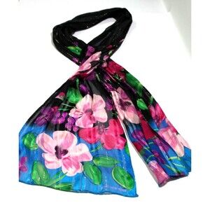 Jones New York Floral Jewels Tones Pink Blue Green Silk Scarf Gold Accents 58 In